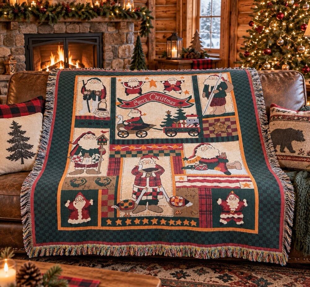 VTG 90’s Leslie Beck Folk Country Santa Christmas Cotton Throw 60 X 50